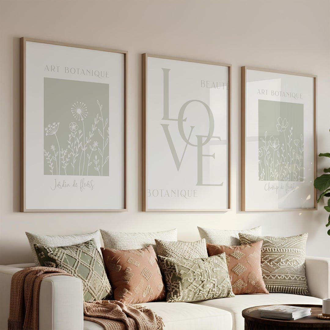 Sage Green Boho Flowers Set of 3 Botanical Boho Garden Wall Art Sage ...