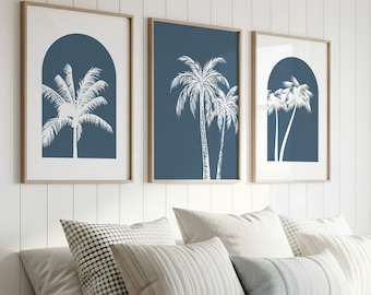Palm Tree Prints Set of 3 Blue Boho Coastal Wall Art Minimalistic Tropical Beach Art Blue Coastal Abstract Minimalist Coastal Style CP60