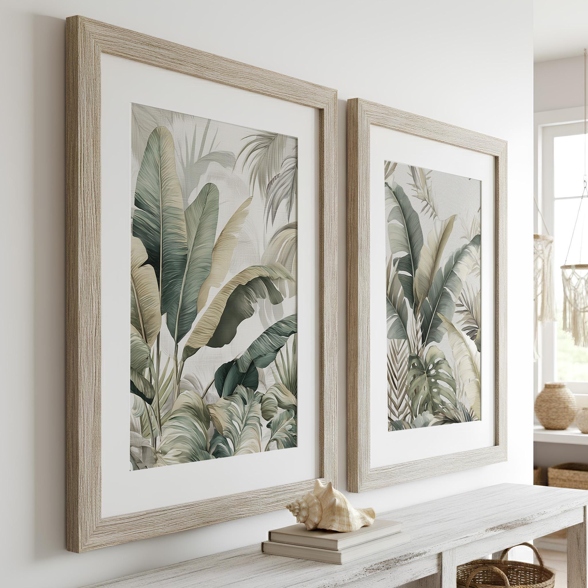 Sage Green Botanical Wall Art Set of 2 Tropical Leaves Prints Neutral ...