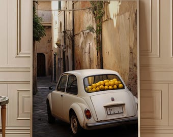 Póster retro de Fiat con diseño de coche clásico italiano, decoración de calles de la Toscana, decoración mediterránea, arte de pared Fiat, impresión de coche clásico italiano T3