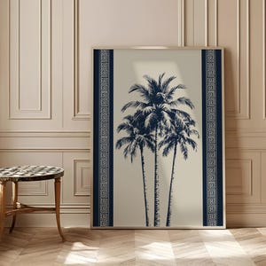 Navy Abstract Tropical Palm Tree Art Versace Style Greek Key Pattern Border Resort Style Decor Monochrome Tropical Print CP75