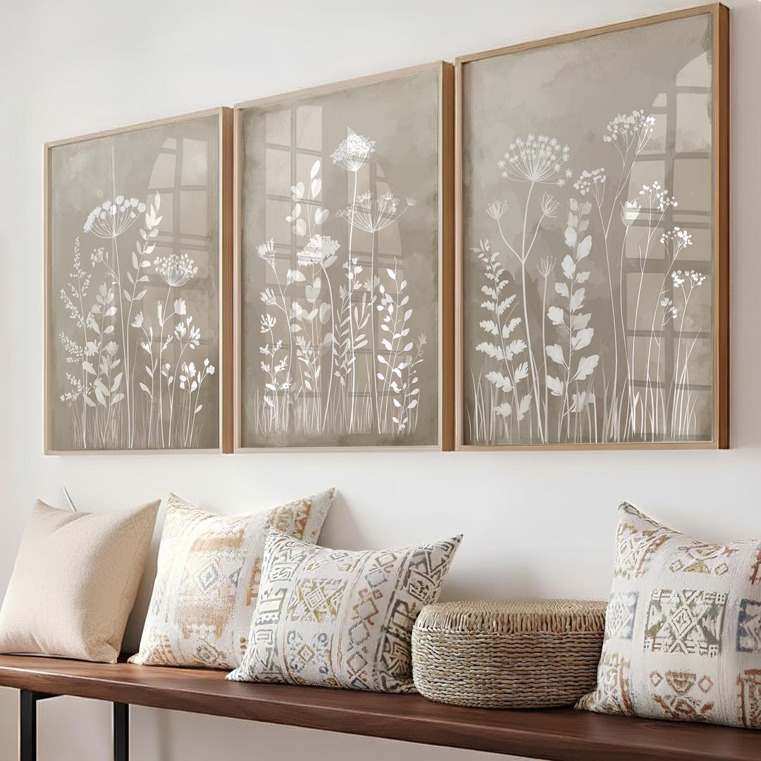 Floral Art Print Set of 3 Wild Flowers Boho Style Beige Floral ...