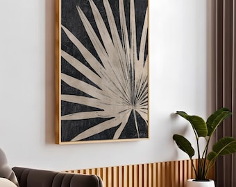 Impresión artística bohemia de hojas de palmera tropicales, arte mural de hojas de palmera tropicales beige, arte mural minimalista tropical, arte mural de hojas abstractas botánicas BP15