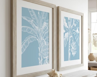Abstract Palm Trees Print Set of 2 Blue Beach Decor Boho Coastal Wall Decor Banana Palm Tree Prints Tropical Beach Posters CP32