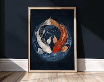Japansk Koi-fisk väggkonst Modern Yin Yang orientalisk poster Feng Shui konsttryck digital nedladdning