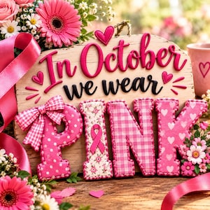Op de afbeelding: Een decoratief houten bord met de tekst In October we wear PINK in verhoogde roze en zwarte letters. Het woord PINK bevat diverse patronen zoals stippen, bloemenprints en vichy-ruitjes, geaccentueerd met een roze lint en een strik.