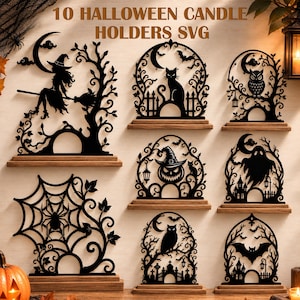 Puede incluir: Una colección de 10 portavelas de Halloween negros cortados con láser con bases de madera, que presentan siluetas intrincadas de bruja, gato, búho, telaraña, calabaza, fantasma y murciélago, con el texto 10 HALLOWEEN CANDLE HOLDERS SVG arriba.