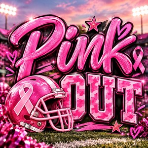 以下が含まれることがあります： 太いピンクの文字で「Pink Out」と書かれたグラフィックデザイン。ピンクのリボンステッカーが貼られた光沢のあるピンクのフットボールヘルメットが手前に配置されています。スタジアムを背景に、ピンクの星、ハート、リボンのシンボルが描かれています。