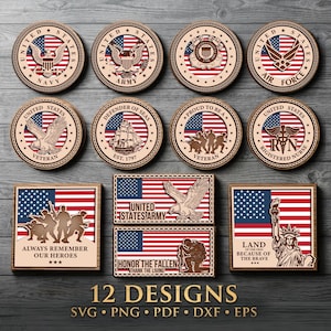 Glowforge SVG Military Bundle | Veteran Laser Cut Round Sign | Army Navy SVG | Veterans Day Wood Sign | Patriotic Memorial Day Laser File