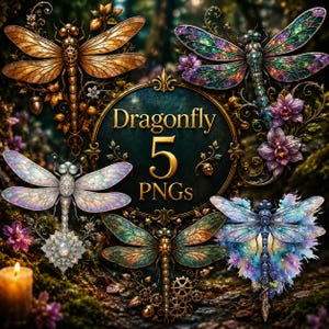 May include: A digital collection of five dragonfly illustrations featuring varied artistic styles, including metallic, stained glass, and watercolor effects. The central circular emblem displays the text Dragonfly 5 PNGs in gold lettering.