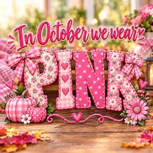 Op de afbeelding: Een decoratief bord met de tekst In October we wear PINK in felroze schrift. De letters zijn versierd met roze ruitjes, stippen en bloemenpatronen, geaccentueerd met roze strikken, pompoenen en bloemen op een houten ondergrond.
