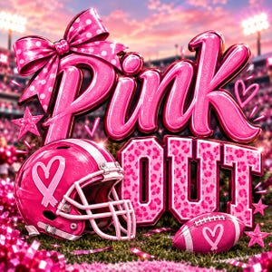 Op de afbeelding: Een grafisch ontwerp met de tekst Pink Out in dikke roze letters met een grote gestippelde strik erboven. Een roze footballhelm met een hart-lintlogo en een roze football met een hart-lintlogo staan op een grasveld.