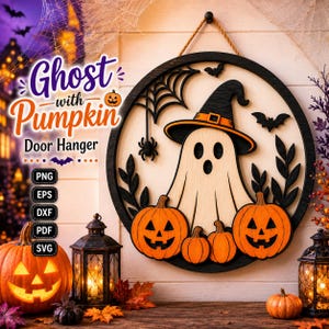 Spökpumpa dörrhängare SVG rund häxhatt spöke Halloween laserskuren fil Glowforge CNC cirkel träskylt digital nedladdning dekoration Halloween