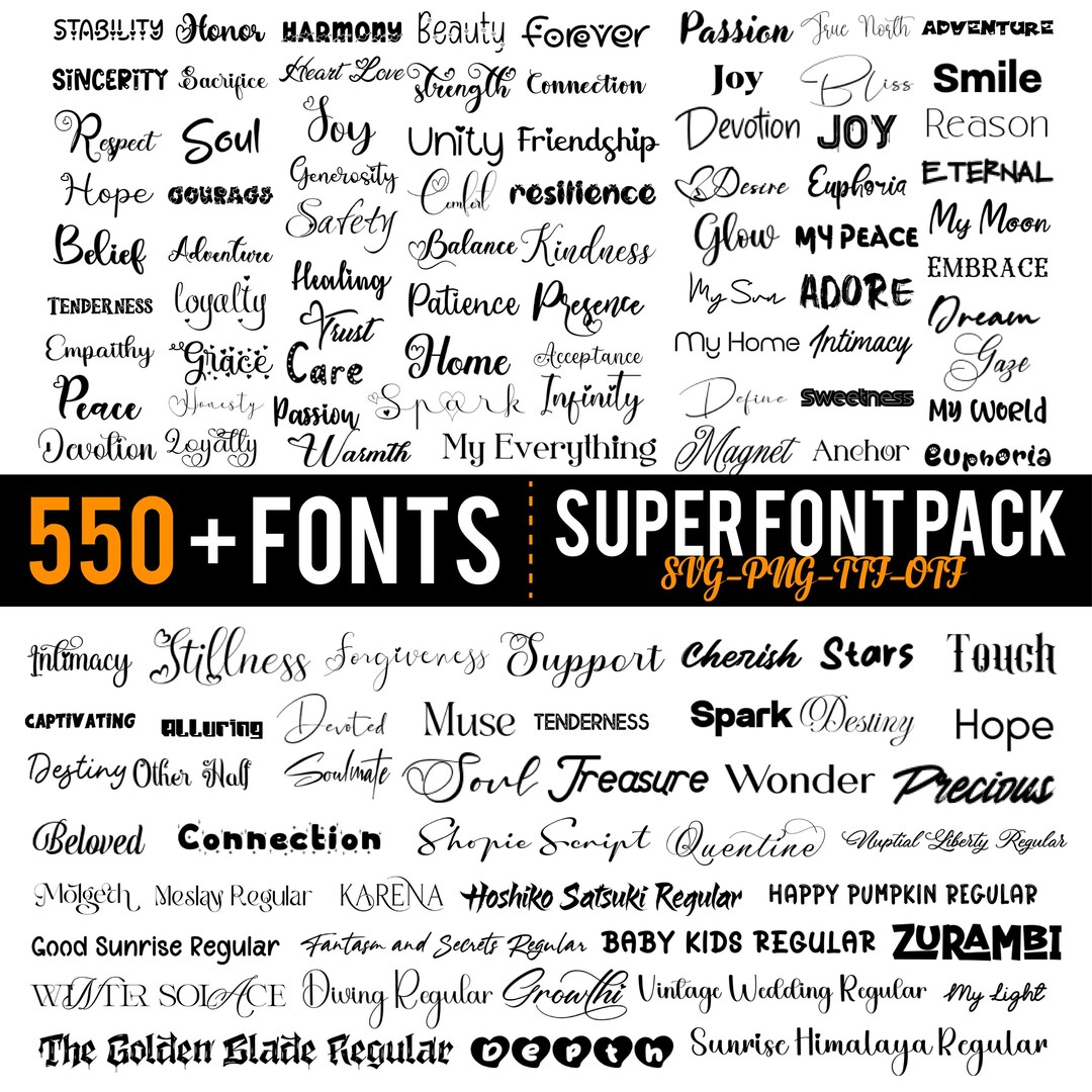 The Ultimate 550+ Fonts - Font Bundle Ttf Svg Heart Font, Cricut, Canva ...
