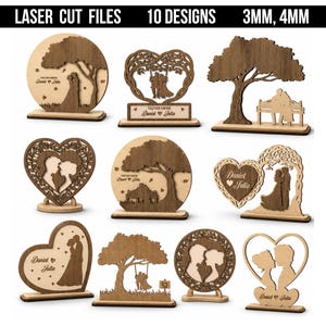 Puede incluir: Una colección de 10 soportes decorativos de madera cortados con láser que presentan siluetas de parejas, árboles y corazones. Los diseños incluyen el texto "TOGETHER FOREVER" y "Daniel & Julia" con grosores de material de 3mm y 4mm.