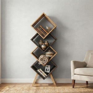 May include: A contemporary bookshelf with diamond-shaped compartments in natural wood and dark brown. The shelves display books, pottery, and decorative items. A neutral armchair and floor lamp complete the living room scene.