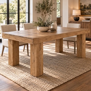 May include: A rectangular wooden dining table with a natural light brown finish and thick, block-style legs. The table surface features visible wood grain patterns and is paired with four upholstered chairs in a neutral beige fabric.