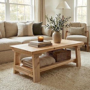 Puede incluir: Un salón acogedor con un sofá seccional de color claro, una mesa de centro de madera y una chimenea. La mesa de centro tiene libros, una vela y una cesta de mimbre. Un jarrón con vegetación añade un toque natural al espacio.