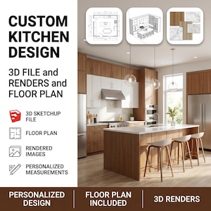 Puede incluir: Imagen de un diseño de cocina moderno. Muestra una isla de cocina con taburetes, gabinetes y electrodomésticos. El texto a la izquierda dice "CUSTOM KITCHEN DESIGN" y "3D FILE and RENDERS and FLOOR PLAN".