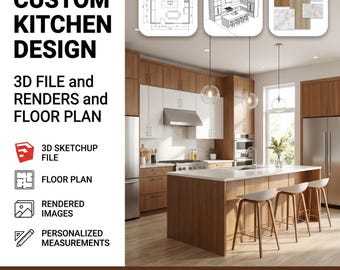 Progettazione di cucine su misura: file SketchUp 3D, rendering e planimetria / personalizzata in base alle vostre misure.