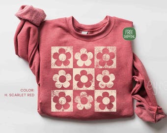 Checkered Flowers Sweatshirt, Minimalist Daisies Sweatshirt, Vintage Checkered Floral Sweater, Nature Lover Gift, Wildflower Sweatshirt