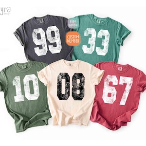 K&ouml;nnte beinhalten: F&uuml;nf kurz&auml;rmelige T-Shirts in verschiedenen Farben, jedes mit einer gro&szlig;en, verwitterten Nummer. Farben sind Anthrazit, Gr&uuml;n, Creme, T&uuml;rkis und Rot. Die Nummern sind wei&szlig; oder schwarz. Die Shirts sind wahrscheinlich f&uuml;r Sport oder Team-Events.