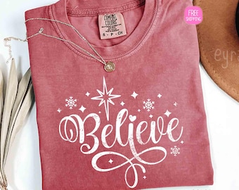Camiseta «Cree en la Navidad», Camiseta «Fe» de Comfort Colors, Camiseta navideña «Cree en la Navidad», Camiseta «Cree en la Magia», Camiseta de temporada navideña