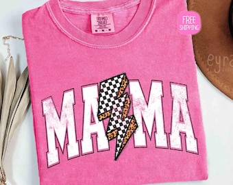 Comfort Colors Lightning Bolt Mama Shirt, Checkered Mama T-Shirt, Mom Life Shirt, Mother’s Day Gift T-shirt, Mom Appreciation Shirt