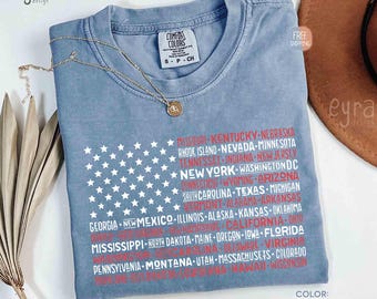 American Flag Shirt with States, Comfort Colors Fourth of July Tees, United States T-Shirt, 4th of July T-shirt, USA Shirt, Patriotic Shirt