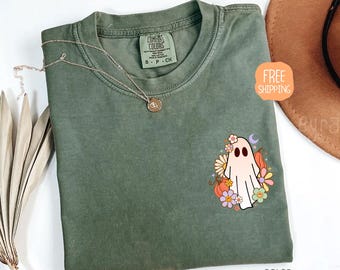 Comfort Colors® キュートゴーストシャツ、ガーリーハロウィンTシャツ、花柄リトルゴーストTシャツ、ブーゴーストシャツ、ゴーストフォールシャツ、レトロハロウィンシャツ