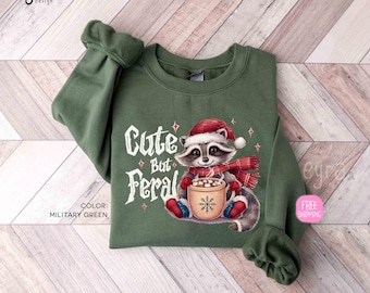 Christmas Raccoon Sweatshirt, Cute But Feral, Holiday Raccoon Sweater, Animal Lovers Gift Christmas Crewneck Sweatshirt