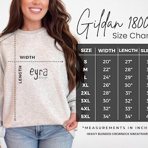 May include: A light grey crewneck sweatshirt with the "eyra design" logo. The image includes a size chart for Gildan 18000 sweatshirts, with measurements in inches for width, length, and sleeve length, ranging from size S to 5XL.