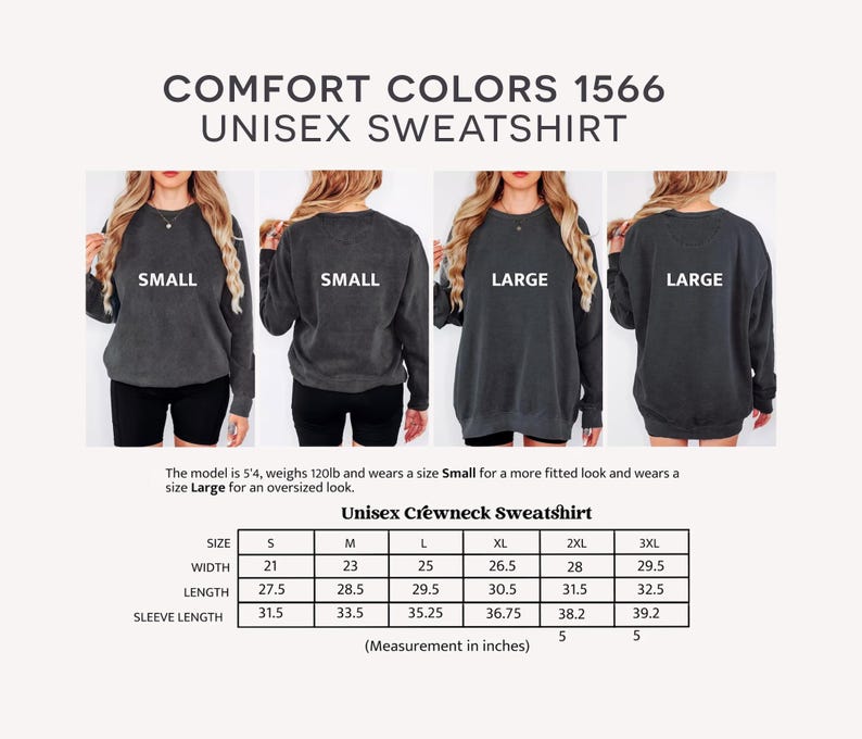 May include: A Comfort Colors 1566 unisex crewneck sweatshirt in dark gray. The image shows the back of the sweatshirt on models wearing sizes Small and Large. A size chart provides measurements in inches for sizes S to 3XL.