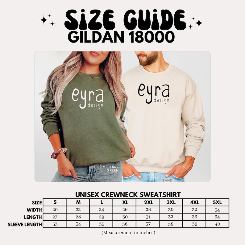 Może przedstawiać: Tabela rozmiar&oacute;w bluzy unisex Gildan 18000 z okrągłym dekoltem, przedstawiająca bluzę w kolorze militarnym zielonym i piaskowym, obie z napisem 'eyra design'. Tabela zawiera szerokość, długość i długość rękawa w calach dla rozmiar&oacute;w od S do 5XL.