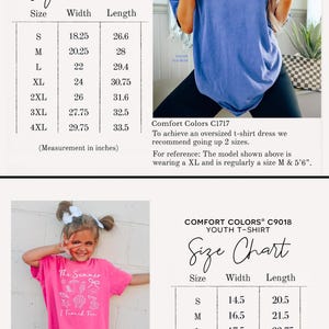 May include: The image shows two size charts for Comfort Colors t-shirts. One is for unisex sizes, with measurements in inches, and the other is for youth sizes, also in inches. A woman is wearing a blue t-shirt. A child is wearing a pink t-shirt.