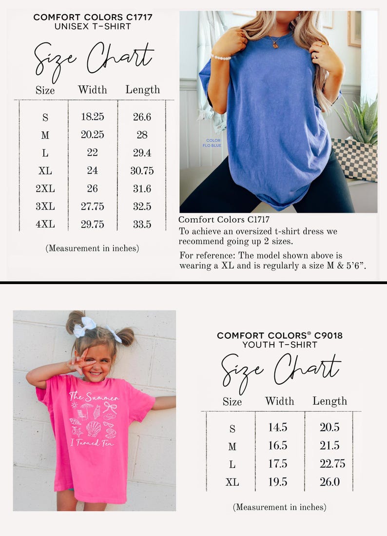 May include: The image shows two size charts for Comfort Colors t-shirts. One is for unisex sizes, with measurements in inches, and the other is for youth sizes, also in inches. A woman is wearing a blue t-shirt. A child is wearing a pink t-shirt.