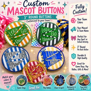 Può includere: Bottoni personalizzati con mascotte, rotondi da 7,6 cm, personalizzati per la tua squadra. I bottoni presentano i colori della squadra e i nomi delle mascotte. Ottimi per i giorni di gioco, i raduni e i regali.