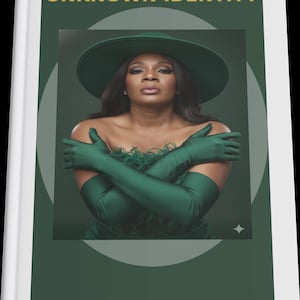 May include: A book cover with the title "UNKNOWN IDENTITY" in gold lettering. The cover features a woman wearing a green hat, gloves, and dress. The woman is posing with her arms crossed. The background is a dark green color.
