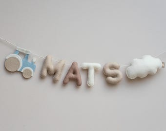 Personalized Felt Name Garland with Tractor | Custom Nursery Banner for Boys | Handmade Baby Room Decor & Unique Toddler Gift