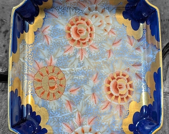 Fukagawa Arita Yaki Ware Porcelain Plate Dish Flowers Gold Blue Japan Japanese