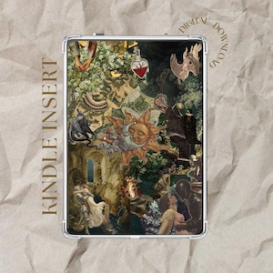 May include: Kindle insert with a vintage art collage depicting a fantasy scene. The design incorporates a sun face, figures, and plant life. Text on the insert reads "KINDLE INSERT" and "DIGITAL DOWNLOAD". The insert is set against a textured, light brown background.
