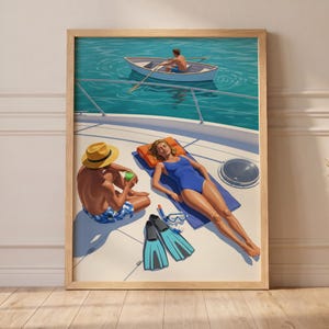 Arte de la vida en yate, póster de vacaciones en el océano, pareja tomando el sol | Ilustración vibrante de ocio | Decoración costera para sala de estar y dormitorio