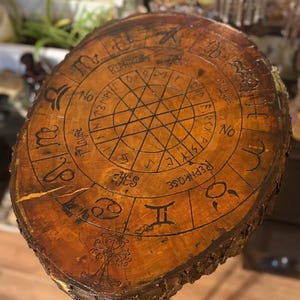 May include: A round, wooden table top with a dark brown finish. The surface is etched with zodiac symbols and geometric patterns in black ink. The table top is supported by a dark metal stand.