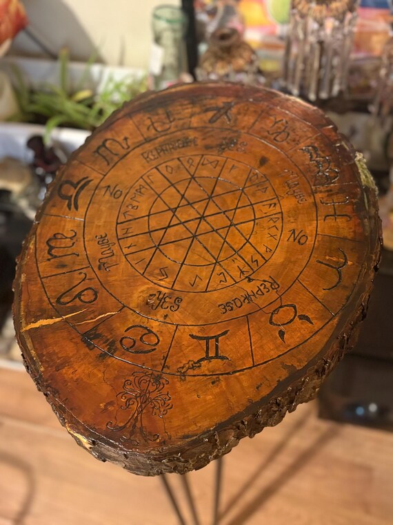 The 13th Pillar | Hand-Burned Ash Altar Stand | Palmer Cemetery Wood (PHL) | 13-Sign Zodiac Wheel with Ophiuchus | Pendulum & Tarot Anchor