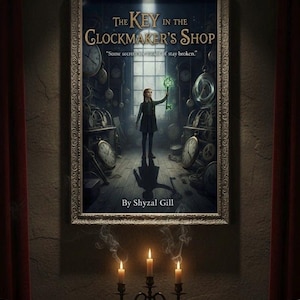 Puede incluir: Portada enmarcada del libro "The Key in the Clockmaker's Shop", con una persona sosteniendo una llave brillante en una habitación llena de relojes. La imagen es oscura con una estética vintage, y un candelabro con tres velas encendidas en primer plano.