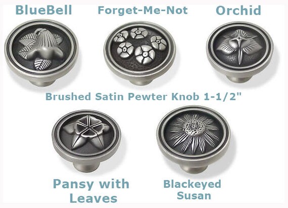 Satin Pewter Drawer Pulls Knobs Flower Theme Cabinet Knobs Etsy