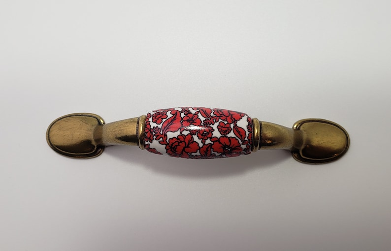 VTG Solid Brass & Ceramic floral design Drawer Cabinet Pull handle 