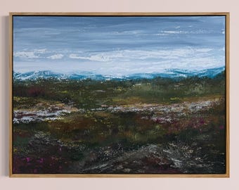 Moody Landscape Painting, Dark Meadow Art, Mountain Horizon Canvas, Original Style Nature Artwork, Earth Tone Decor, Ready to Hang