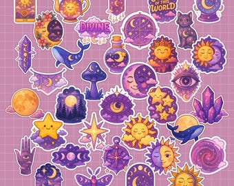 40pcs Witchy Celestial Sticker Set - Pagan Boho Mystical Cosmic Stickers, Astrology Stars, Sun and Moon Vinyl Decals
