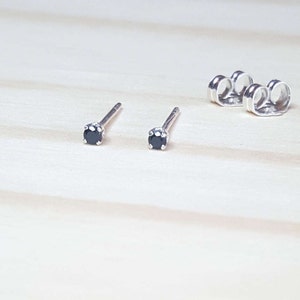tiny black earrings, 2mm natural black spinel gemstone earrings, sterling silver stud earring, black gem earring stud, black minimalist stud